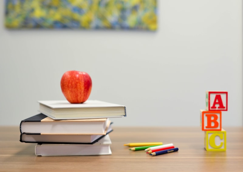 Colorful school supplies arranged on a desk